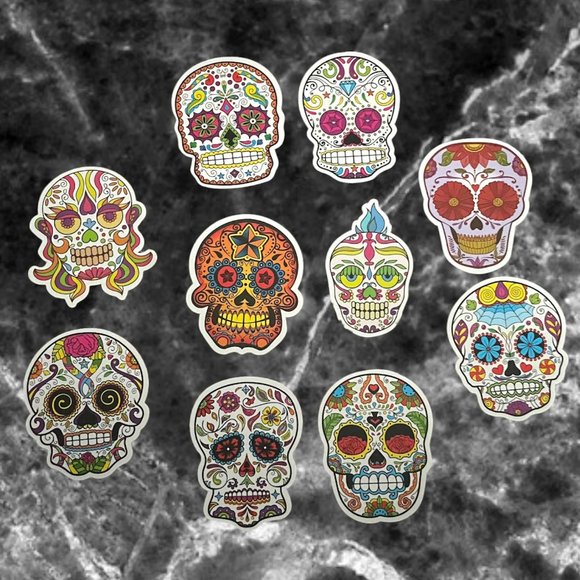 Sugar Skulls Sticker Pack (10) Assorted Sugar Skulls Stickers Dia De Los Muertos - Picture 1 of 1